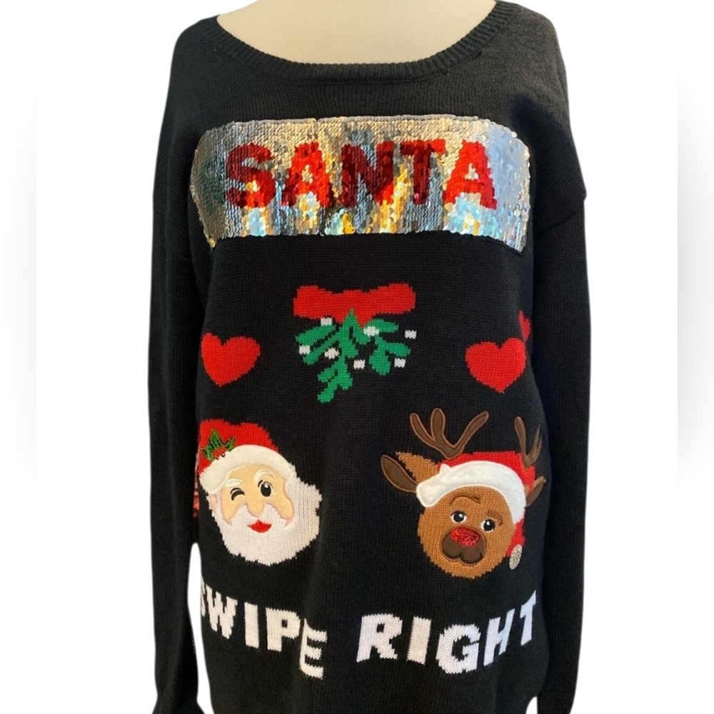 Joyland Ugly Christmas Sweater Swipe Right Santa Rudolph Sequin Sz L NEW